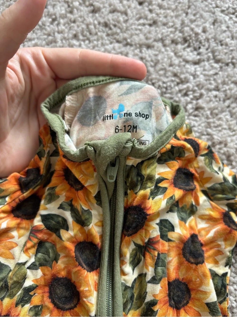 Sunflower Print Kids Footed Pajamas with Olive Trim